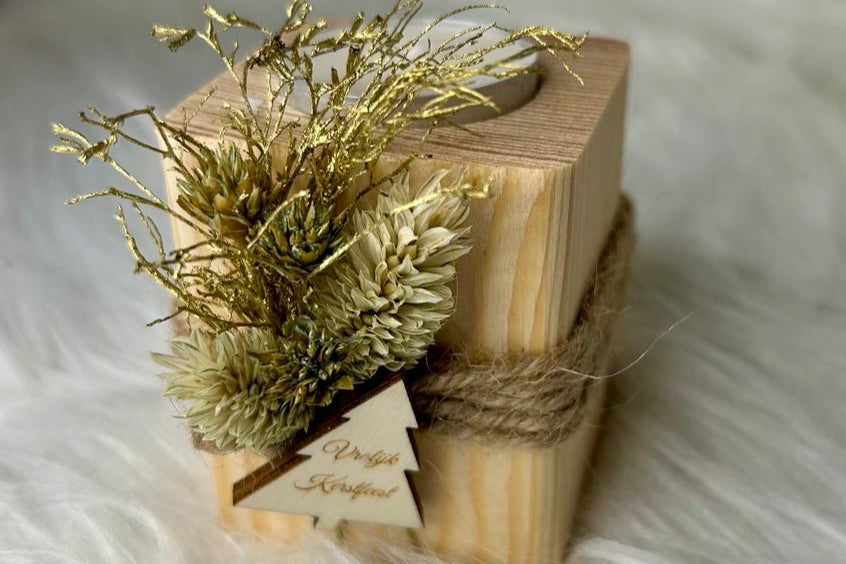 Houten theelichtje met bloemetjes - Kerst
